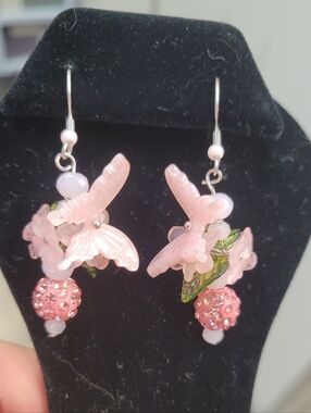 Delicate Pink Butterfly & Floral Drop Earrings